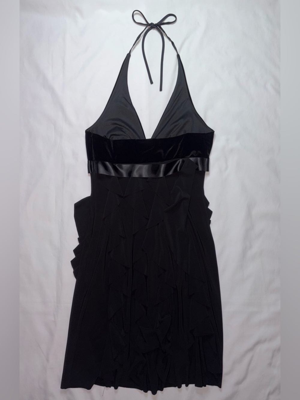 Betsy & Adam Size 10 Black Velvet Halter Rhinestone Ruffle Hem Cocktail Dress - Picture 3 of 3